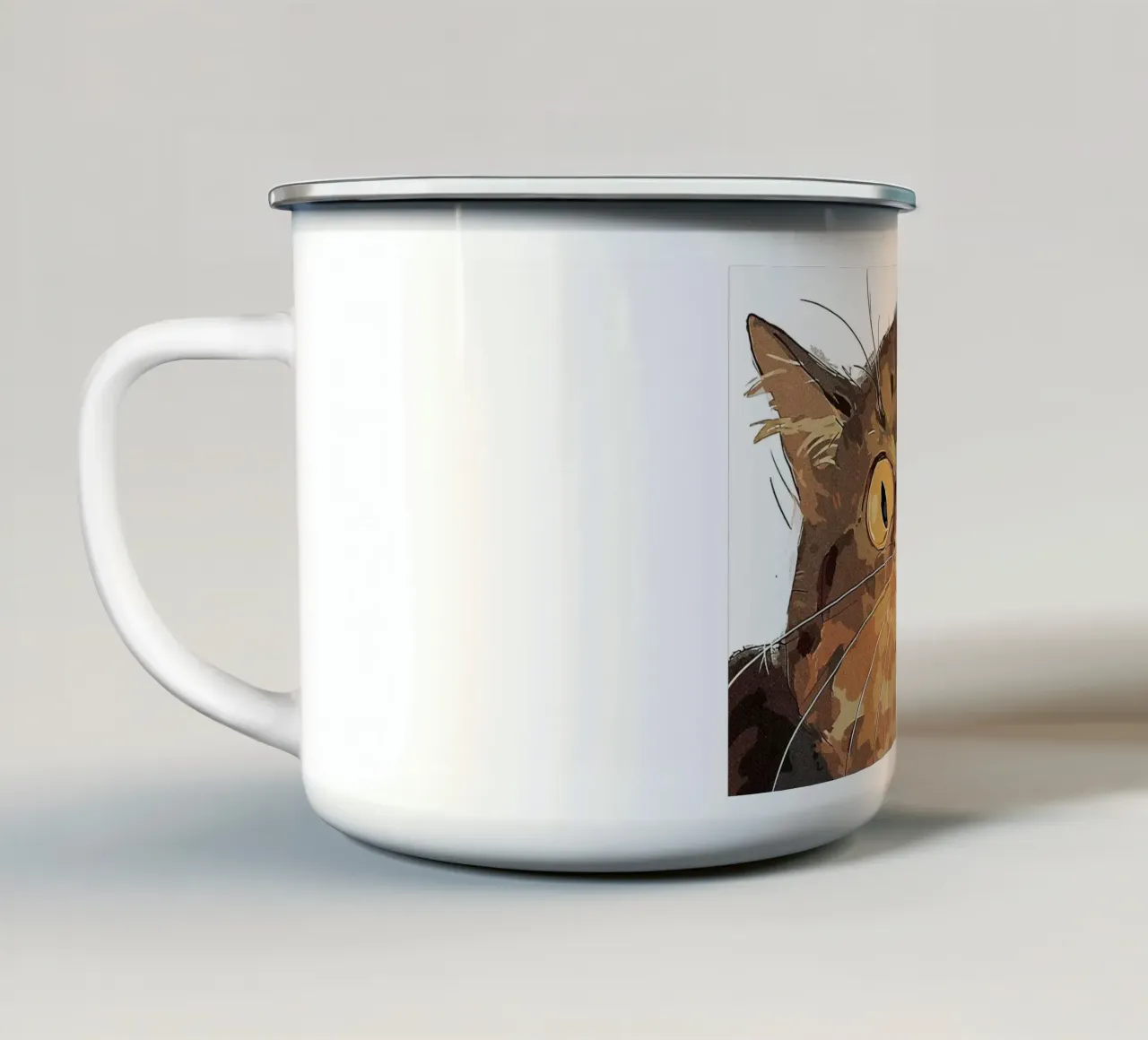 Gatto scioccato tazza in smalto da James Isaac Jackson