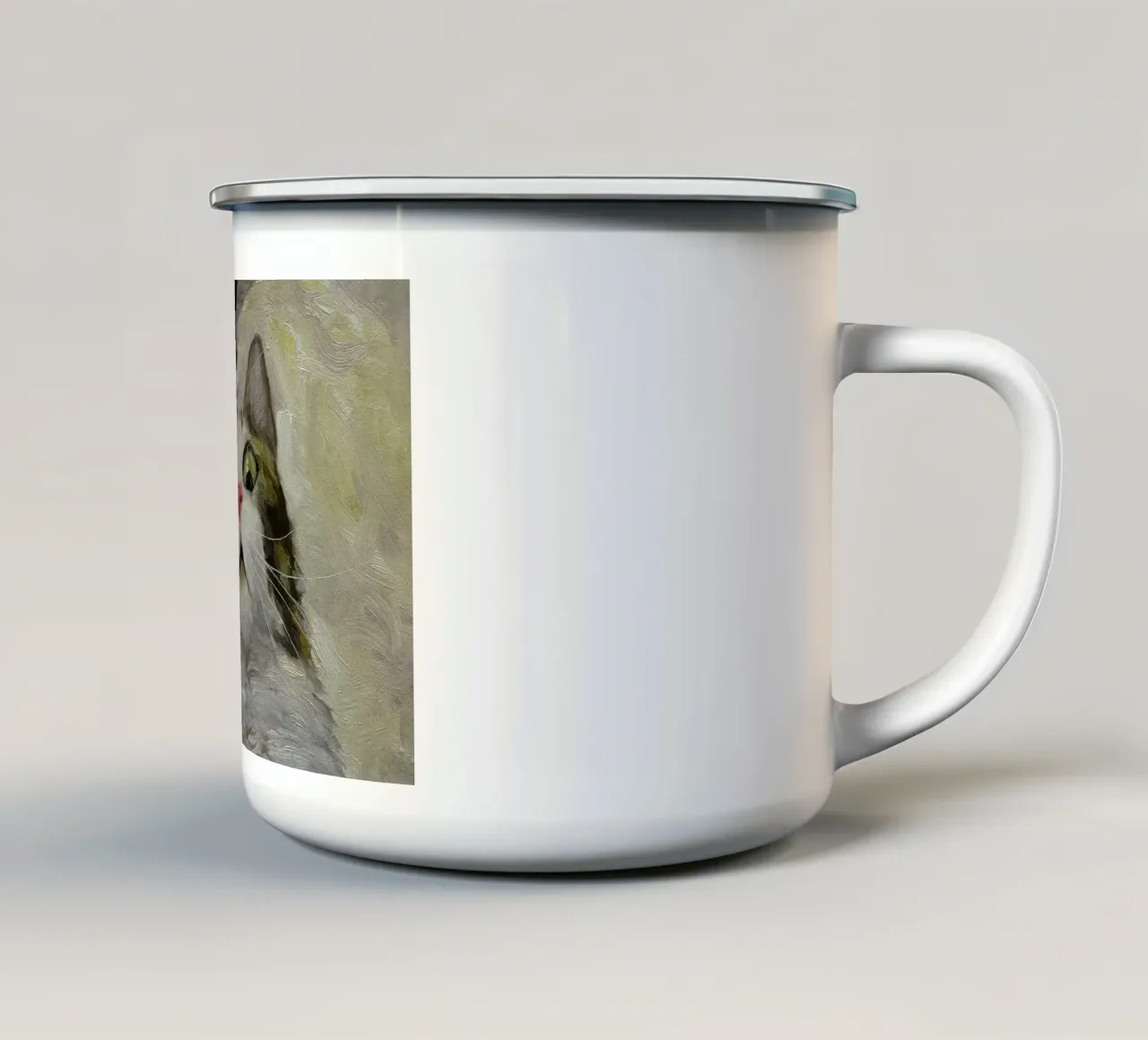 gatto meme dipinto spaventato tazza in smalto da James Isaac Jackson