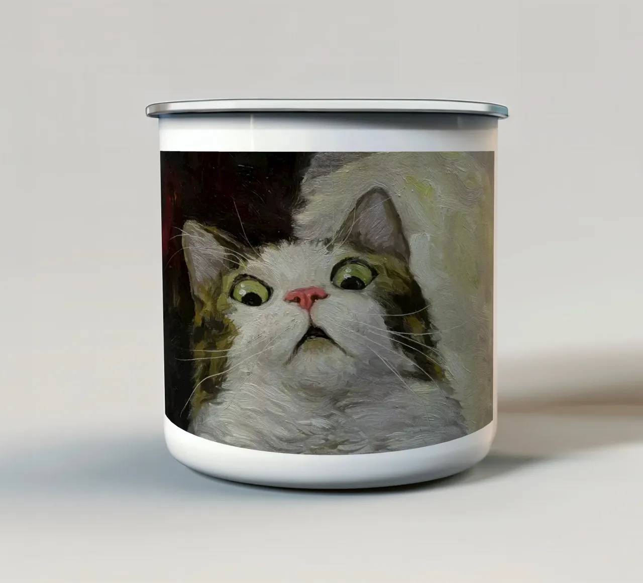 gatto meme dipinto spaventato tazza in smalto da James Isaac Jackson