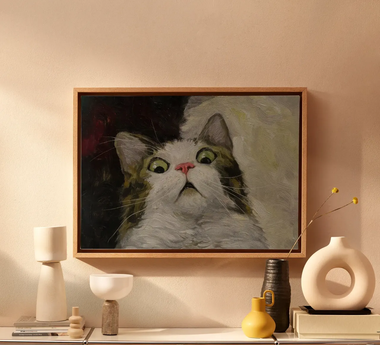 Katze Meme verängstigt Malerei Leinwand mit Schattenfugenrahmen von James Isaac Jackson