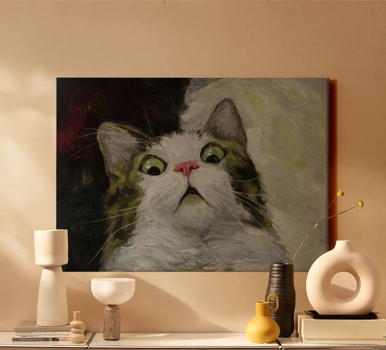Katze Meme verängstigt Malerei Leinwand mit Schattenfugenrahmen von James Isaac Jackson