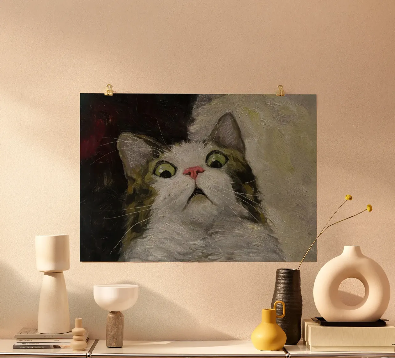 gatto meme dipinto spaventato poster con telaio in legno da James Isaac Jackson
