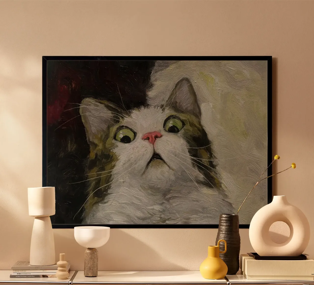 gatto meme dipinto spaventato poster con telaio in legno da James Isaac Jackson