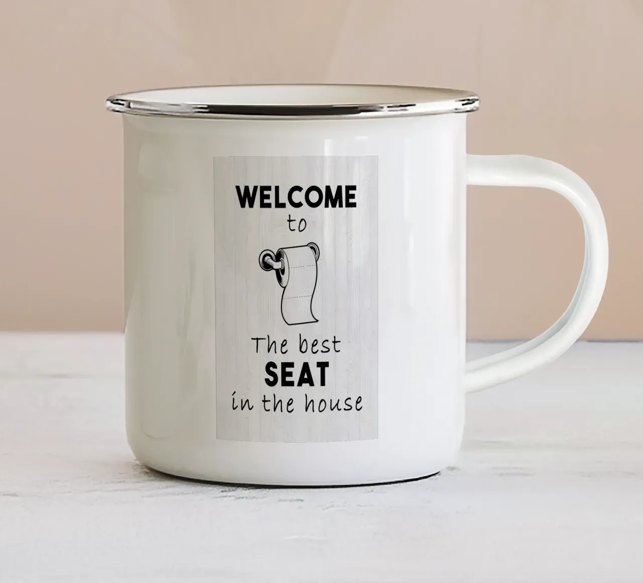 wc wc-papier tekst humor emaille mok van James Isaac Jackson