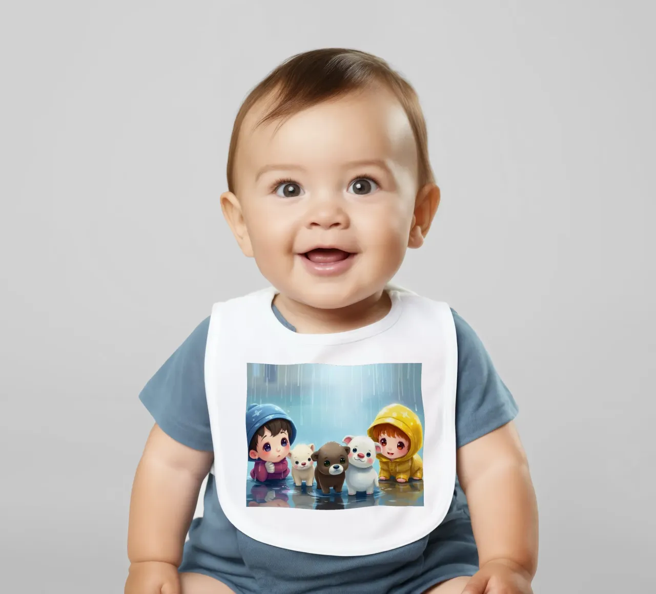 Bambini che giocano con i cuccioli sotto la pioggia bavaglino da DesignDoodle