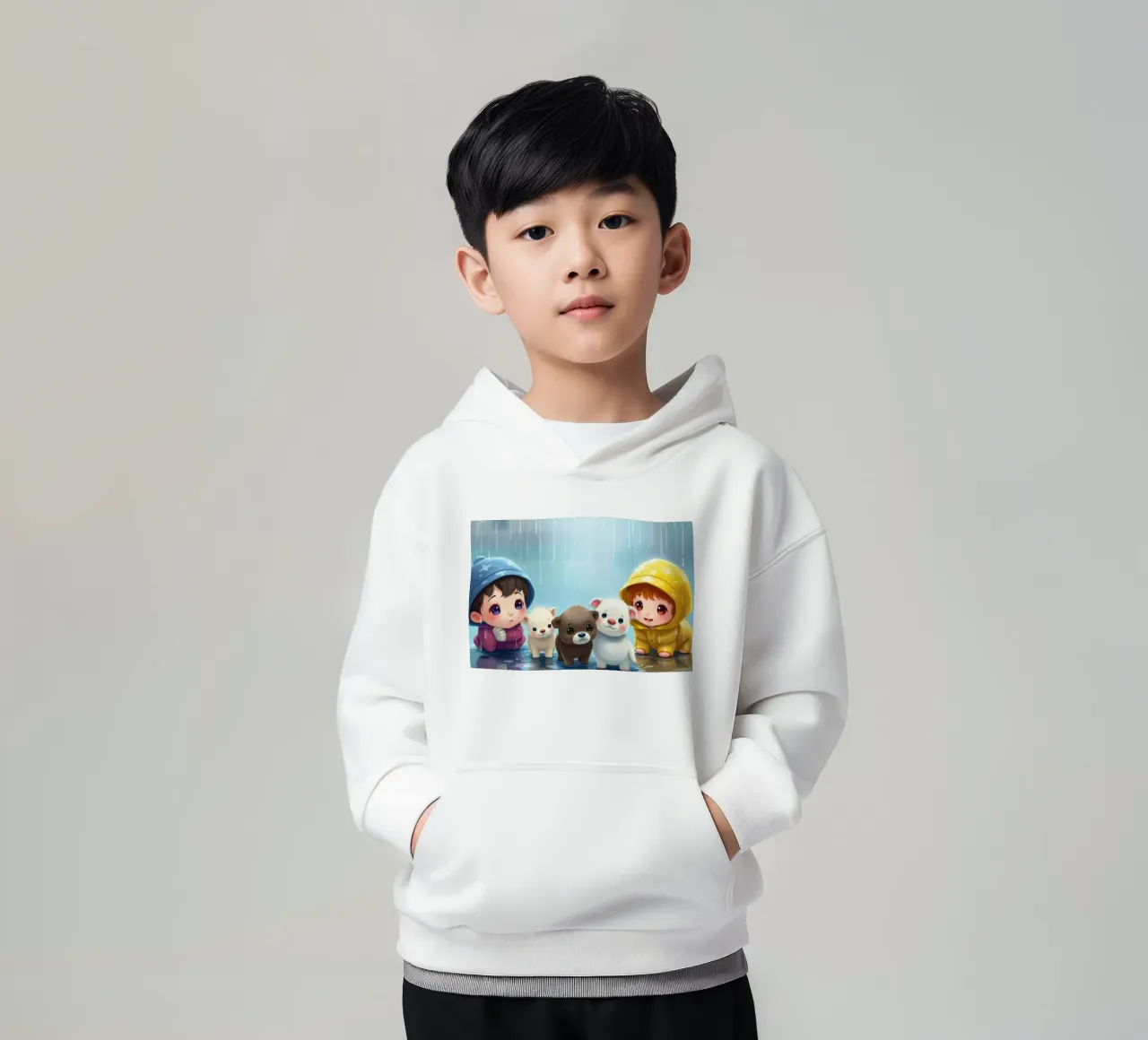 Children playing with puppies in the rain wearing kids hoodie by DesignDoodle