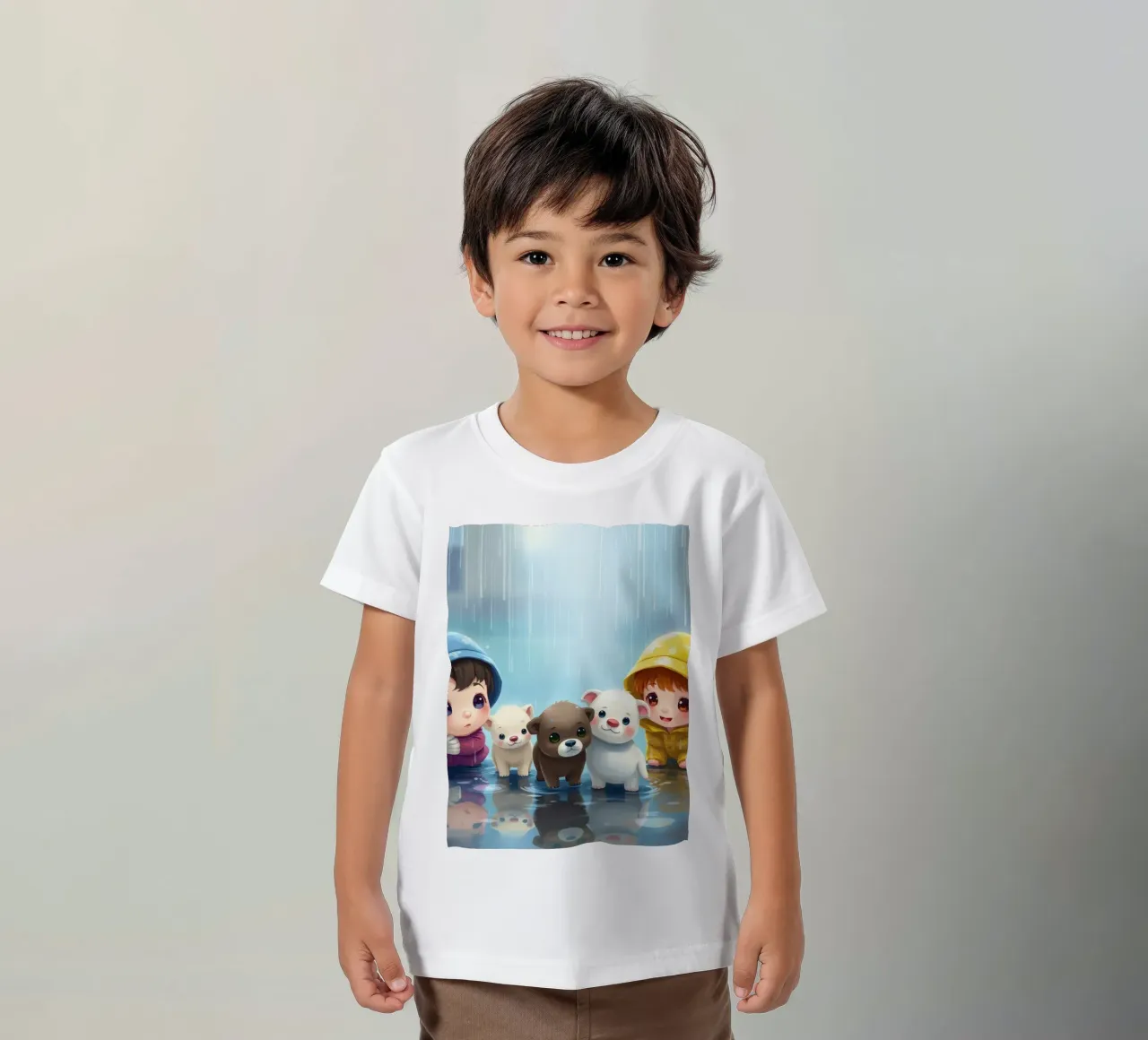 Children playing with puppies in the rain wearing kids t-shirt by DesignDoodle
