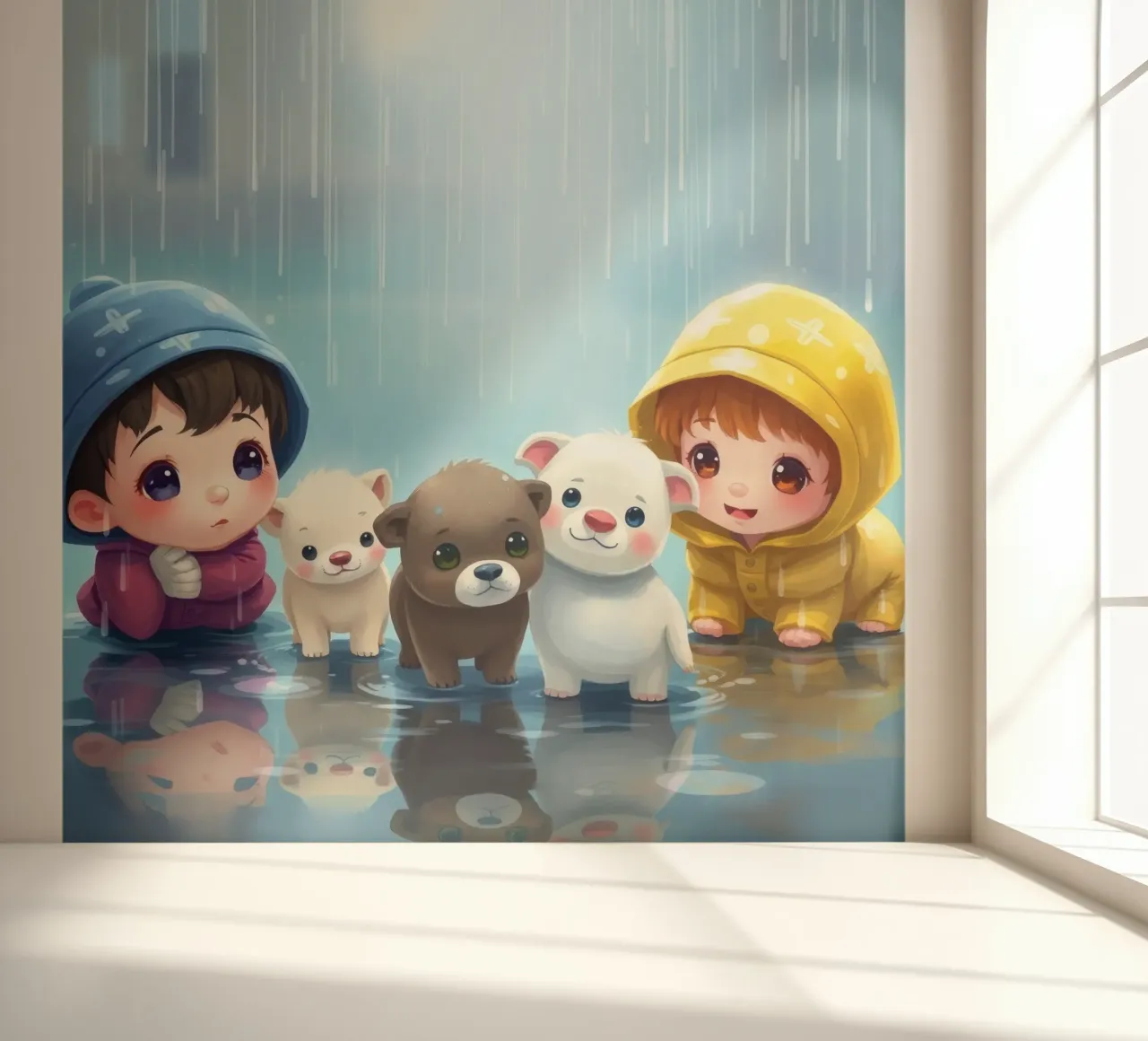 Children playing with puppies in the rain wearing photo wallpaper by DesignDoodle