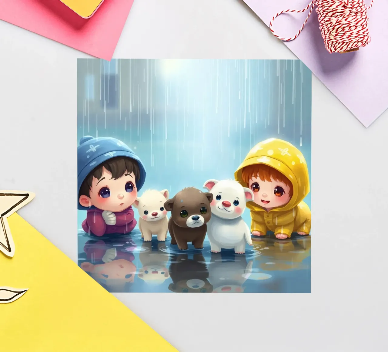 Children playing with puppies in the rain wearing sticker by DesignDoodle