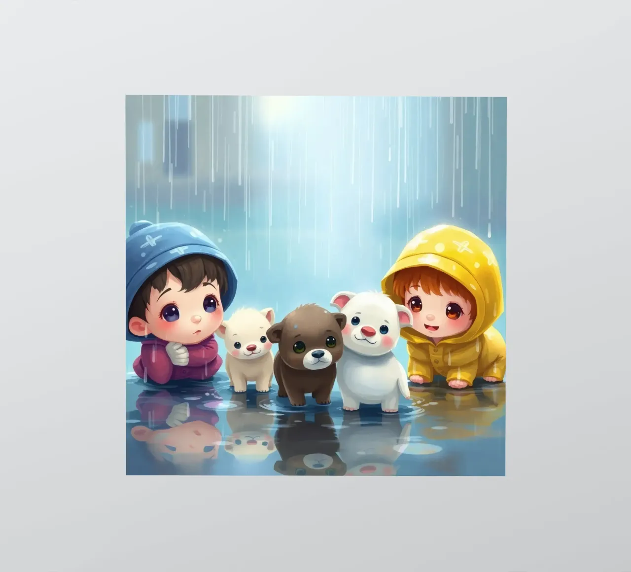 Children playing with puppies in the rain wearing sticker by DesignDoodle