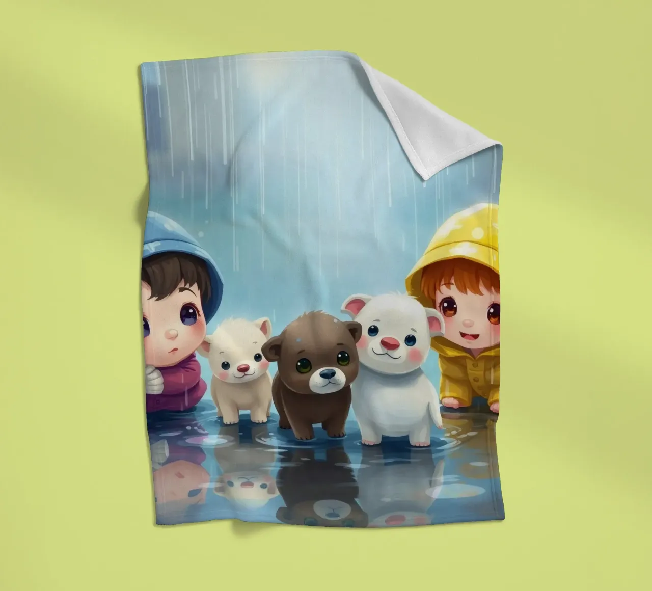Bambini che giocano con i cuccioli sotto la pioggia coperta in pile da DesignDoodle
