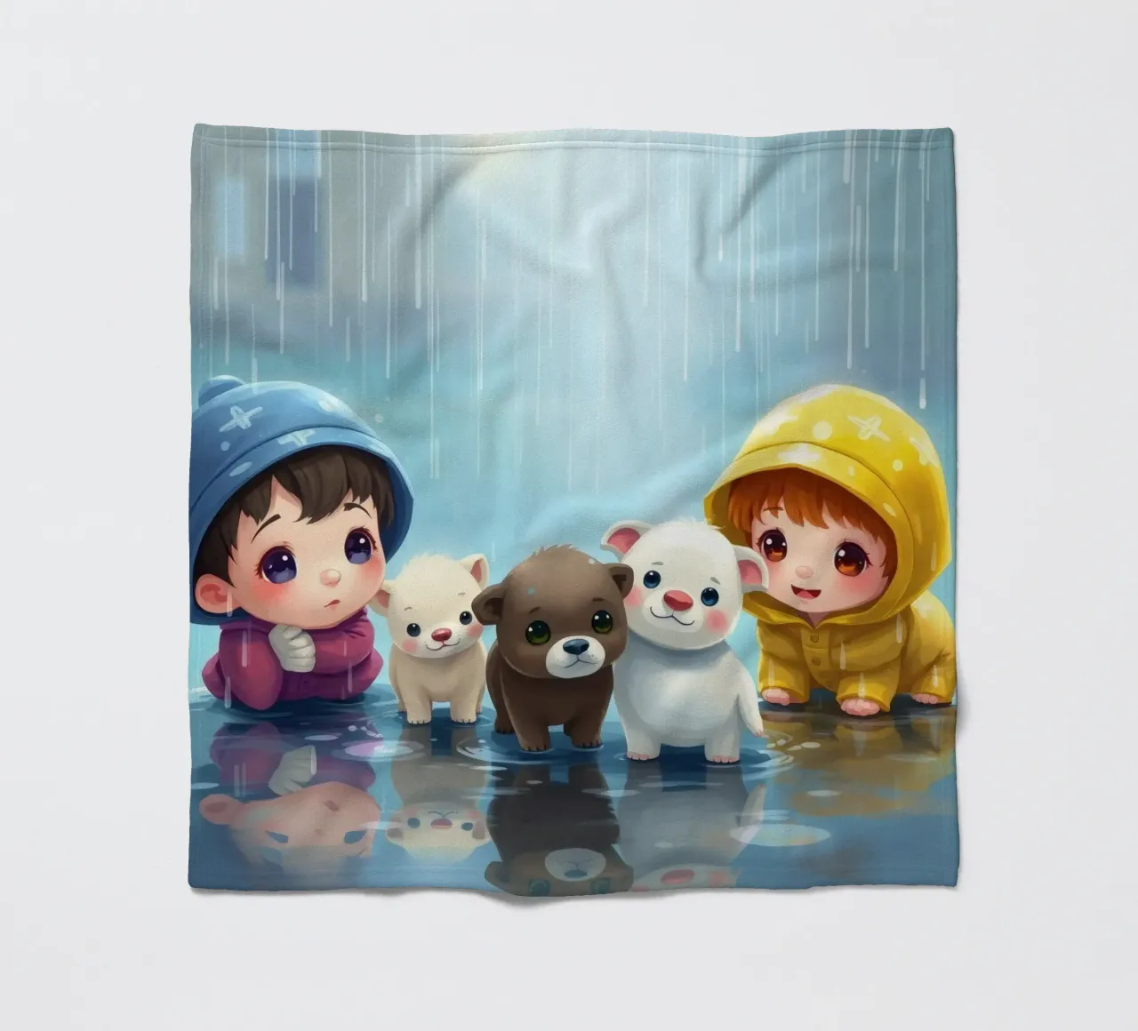 Bambini che giocano con i cuccioli sotto la pioggia coperta in pile da DesignDoodle