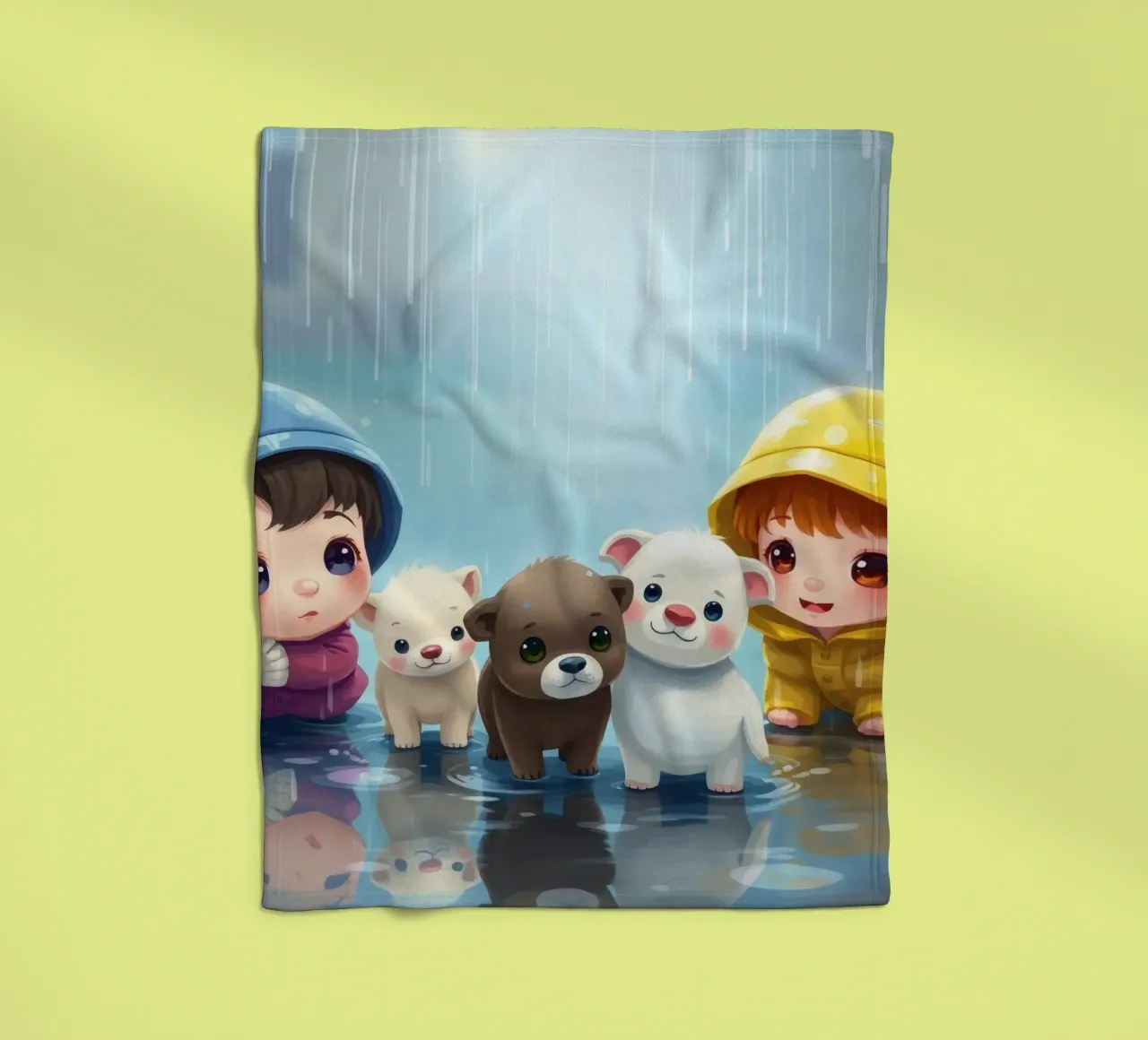 Bambini che giocano con i cuccioli sotto la pioggia coperta in pile da DesignDoodle
