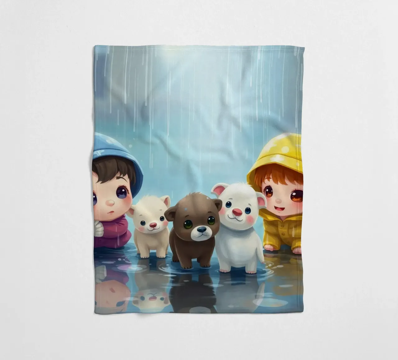 Bambini che giocano con i cuccioli sotto la pioggia coperta in pile da DesignDoodle