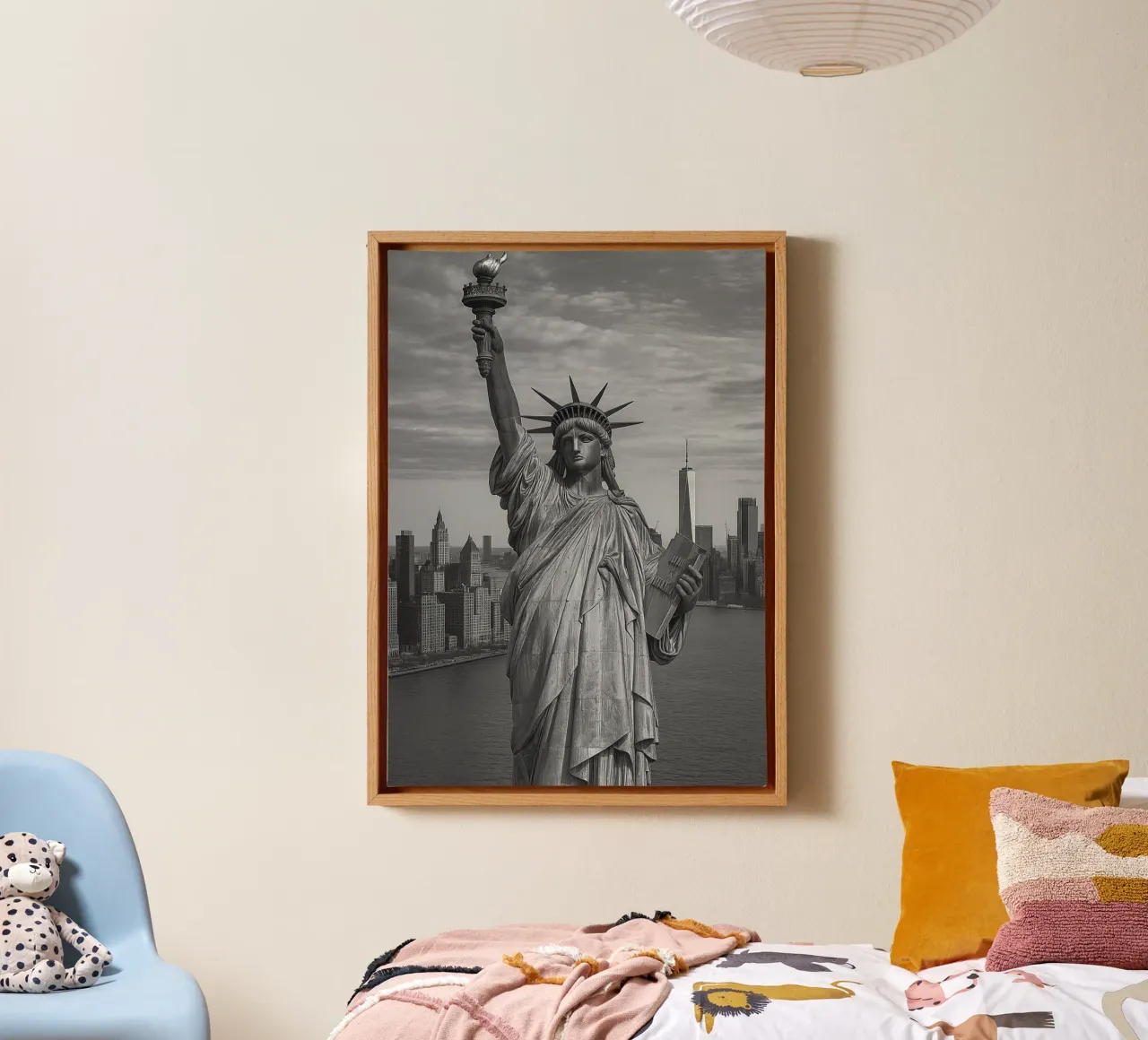 Vrijheidsbeeld, New York, VS Zwart-wit Stadspanorama canvas met Baklijst van the gondels