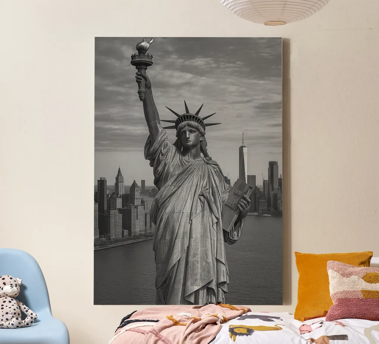 Vrijheidsbeeld, New York, VS Zwart-wit Stadspanorama canvas met Baklijst van the gondels