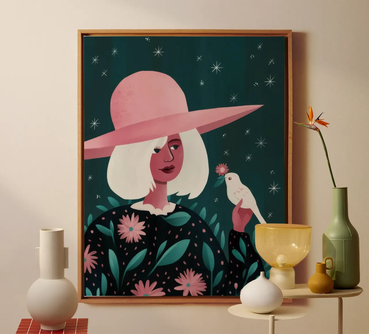 Grillige vogelserenade canvas met Baklijst van Ivory Frame