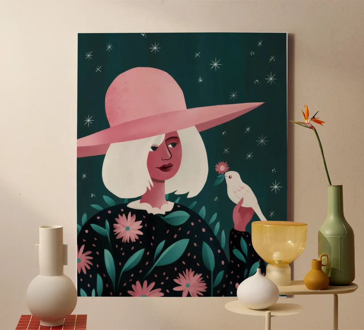 Grillige vogelserenade canvas met Baklijst van Ivory Frame