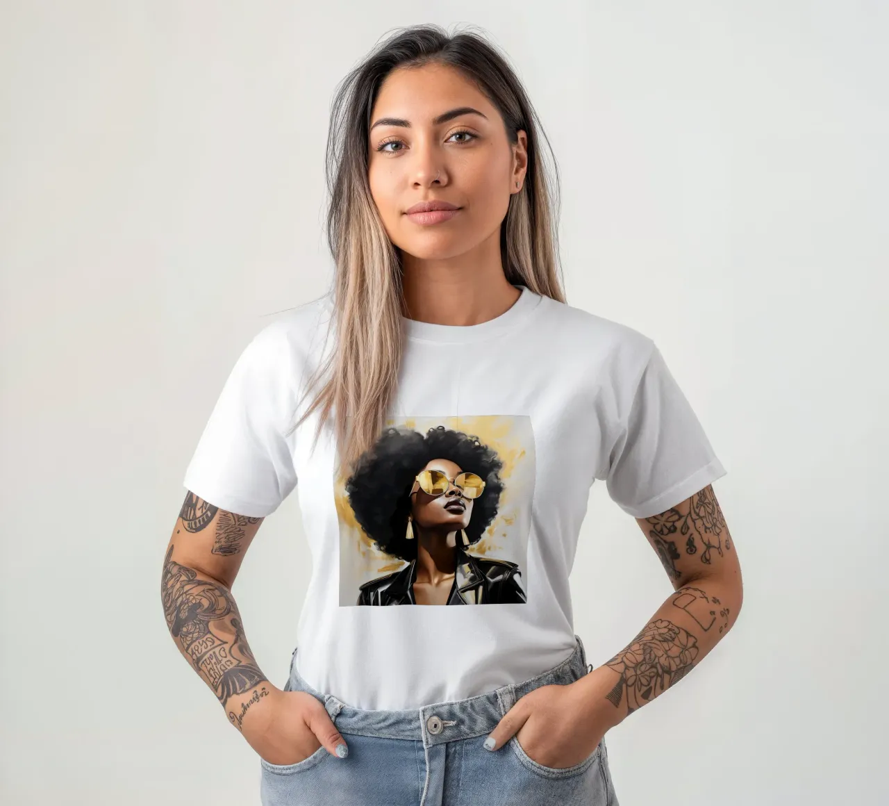 Ritratto donna africana moderna in oro nero popart t-shirt da Take Your Art BV