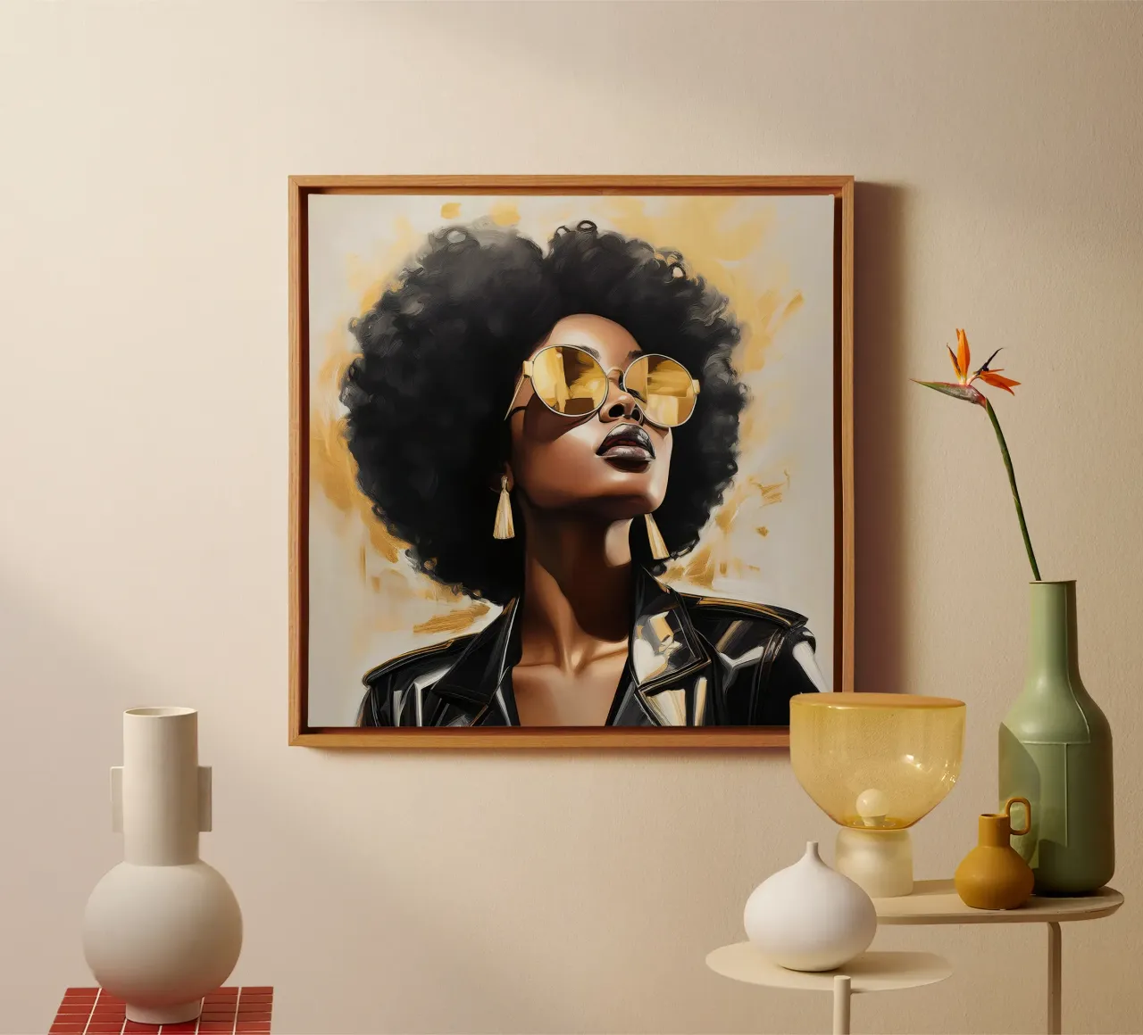 Portret moderne Afrikaanse vrouw in zwart goud popart canvas met Baklijst van Take Your Art BV