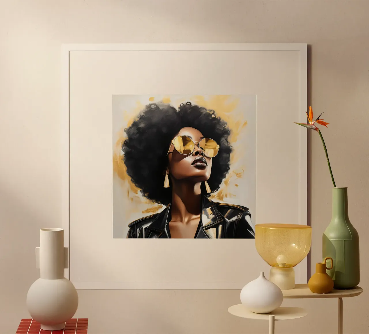 Portret moderne Afrikaanse vrouw in zwart goud popart poster met kunststof frame van Take Your Art BV