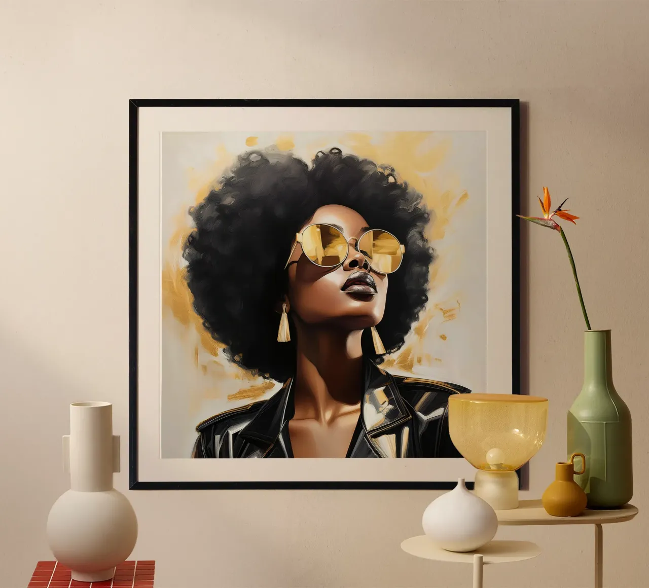 Portret moderne Afrikaanse vrouw in zwart goud popart poster met kunststof frame van Take Your Art BV