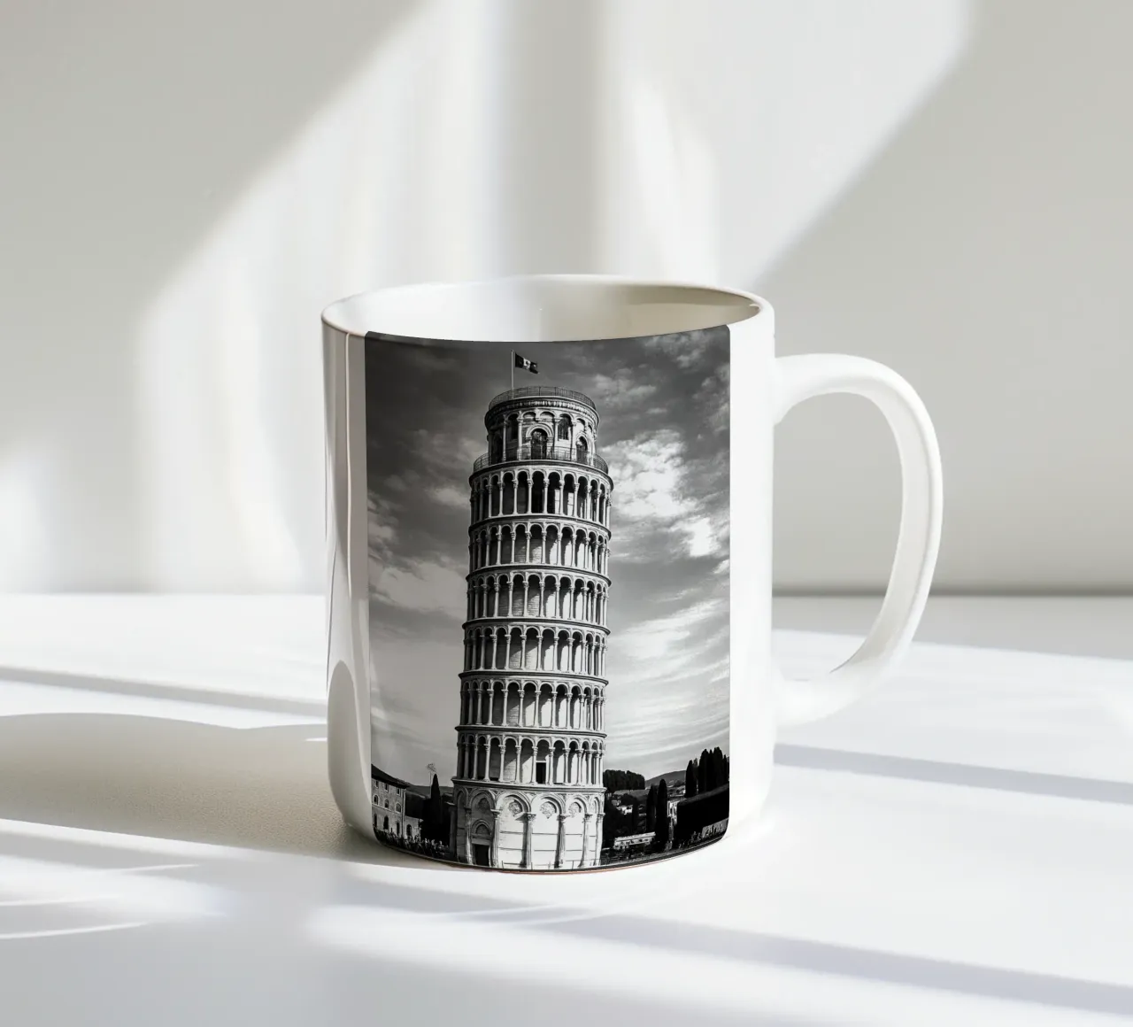 Torre di Pisa, Roma, Italia Panorama della città in bianco e nero Pho tazza in ceramica da the gondels