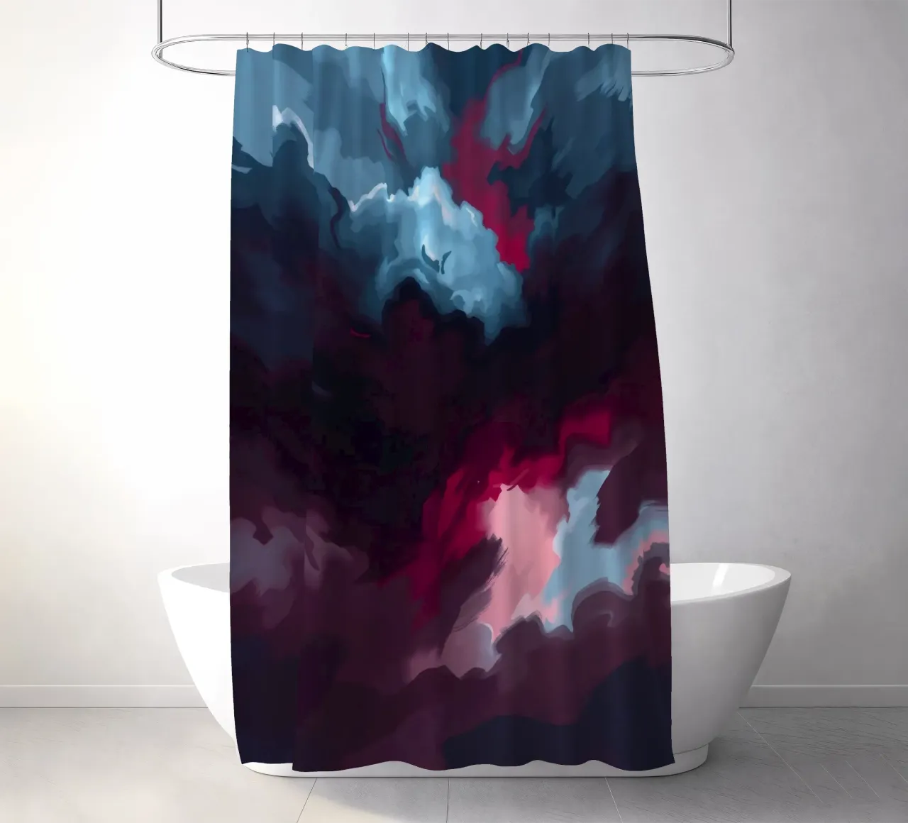 storm clouds swirl overhead at dusk creating a dramatic art shower curtain by DesignDoodle