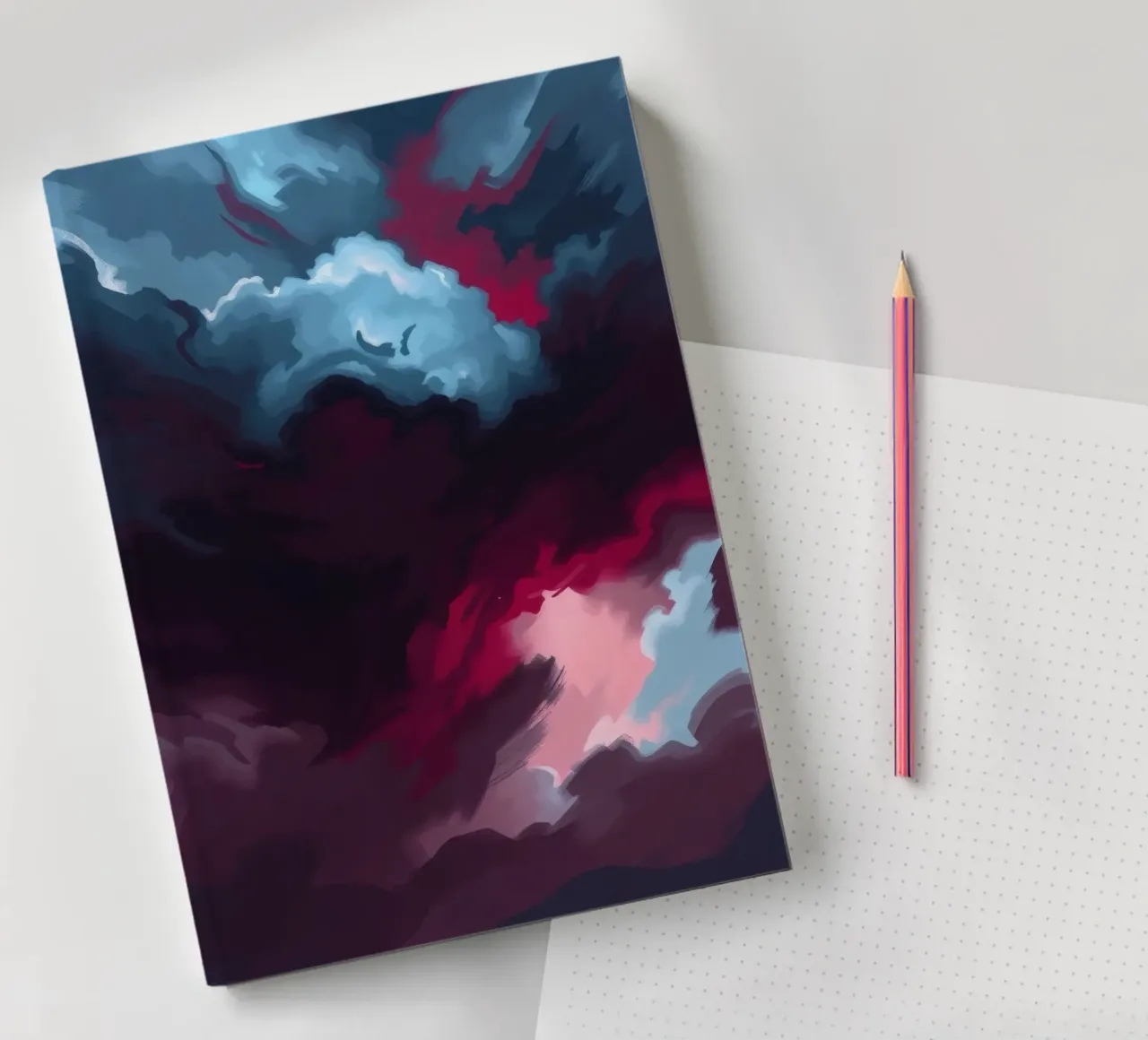 storm clouds swirl overhead at dusk creating a dramatic art notebook by DesignDoodle