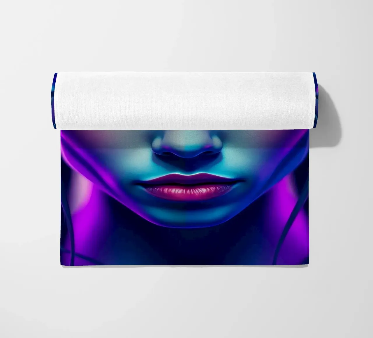 Stunning portrait of a woman with vibrant neon colors beach towel by DesignDoodle