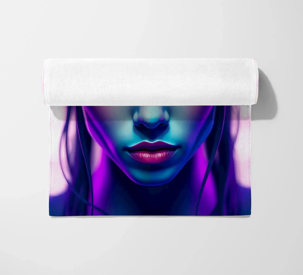 Stunning portrait of a woman with vibrant neon colors beach towel by DesignDoodle