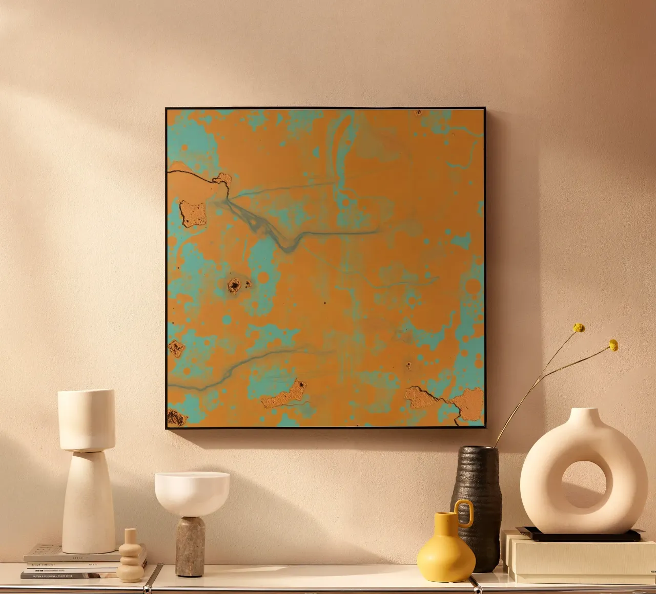 Arte astratta strutturata che mette in mostra i colori vivaci dell'arancio e del turchese. plexiglass da DesignDoodle