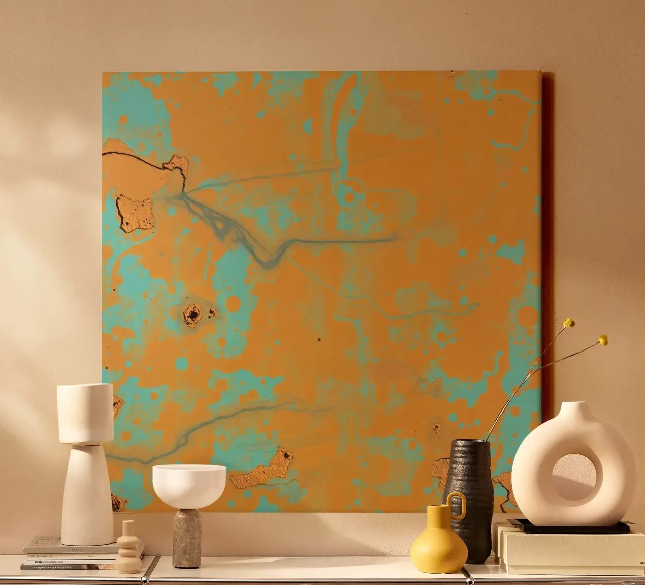 Gestructureerde abstracte kunst met levendig oranje en turkoois canvas van DesignDoodle