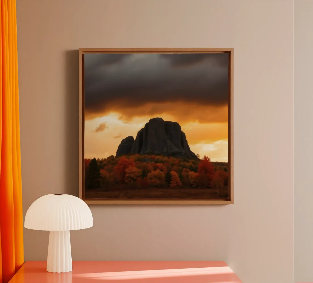 Captivating autumn landscape showcasing dramatic rock format canvas with Floater frame by DesignDoodle