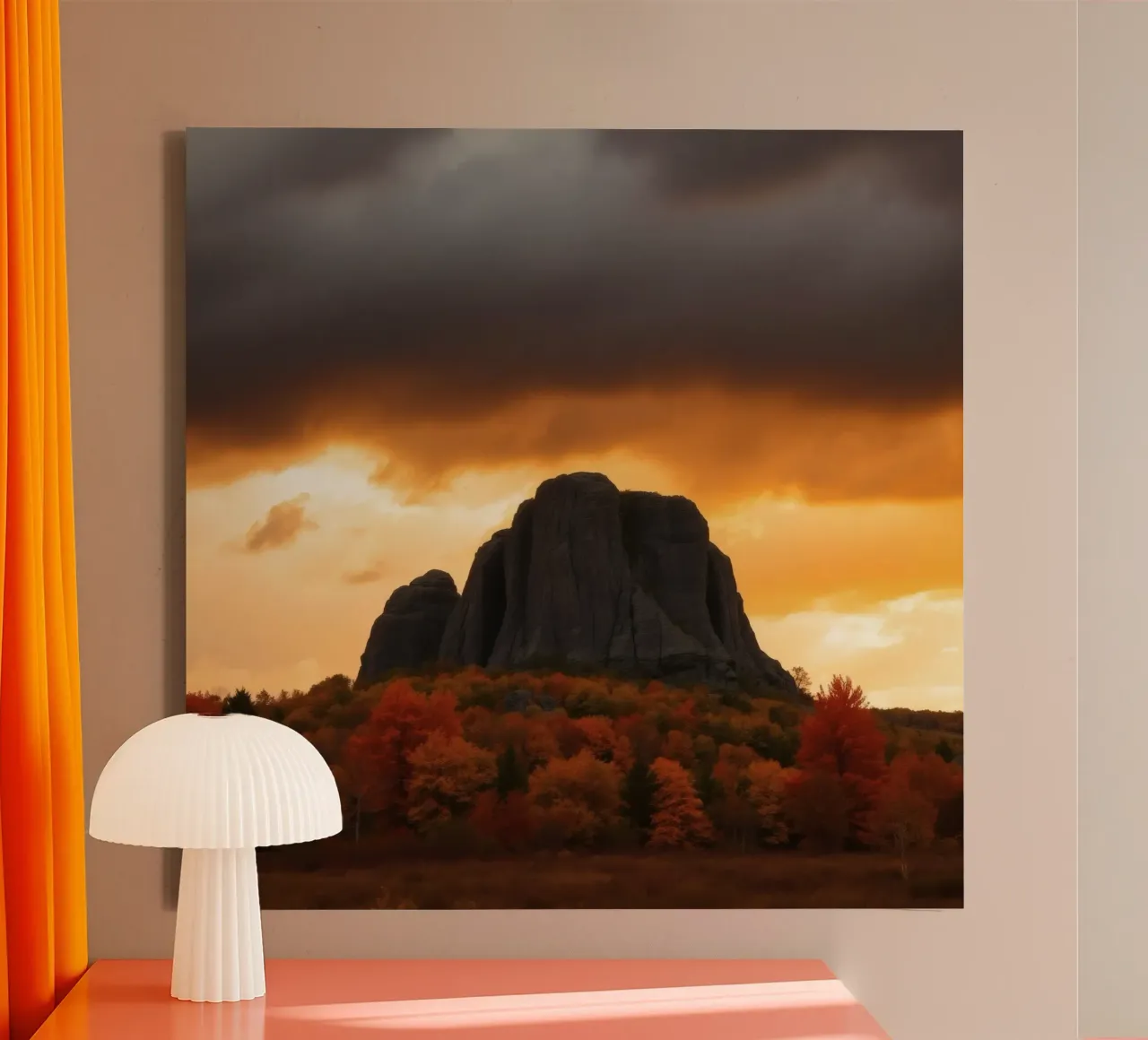 Captivating autumn landscape showcasing dramatic rock format canvas with Floater frame by DesignDoodle