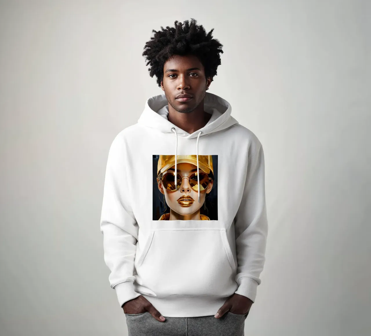 Ritratto di donna moderna Pop Art nei colori nero oro felpa con cappuccio da Take Your Art BV
