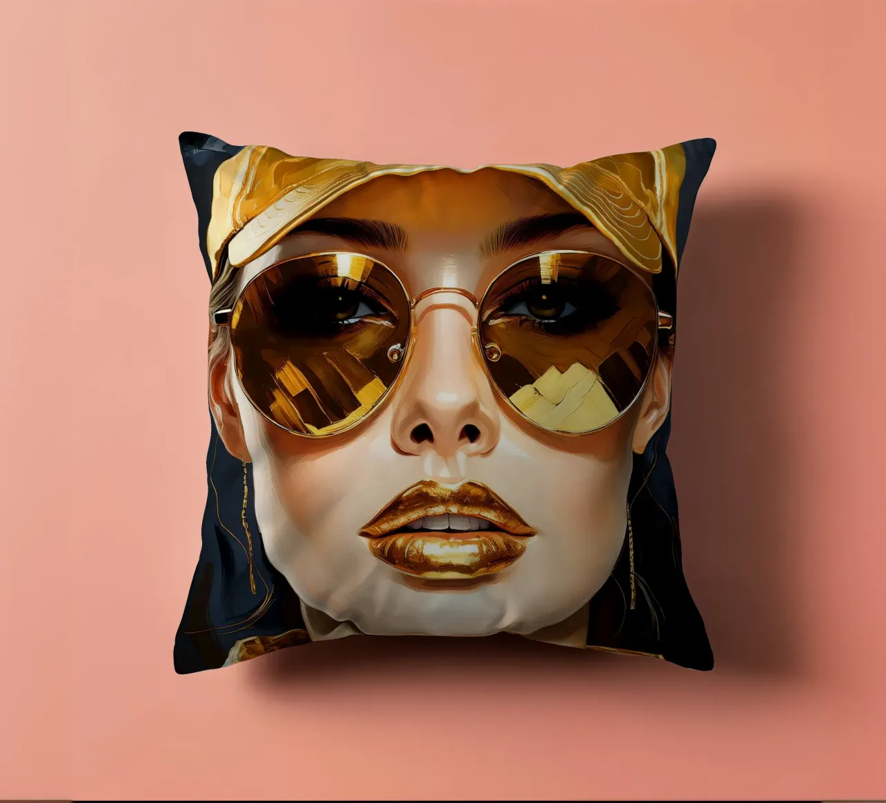 Ritratto di donna moderna Pop Art nei colori nero oro cuscino da Take Your Art BV