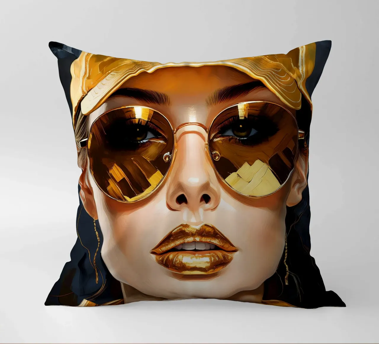 Ritratto di donna moderna Pop Art nei colori nero oro cuscino da Take Your Art BV