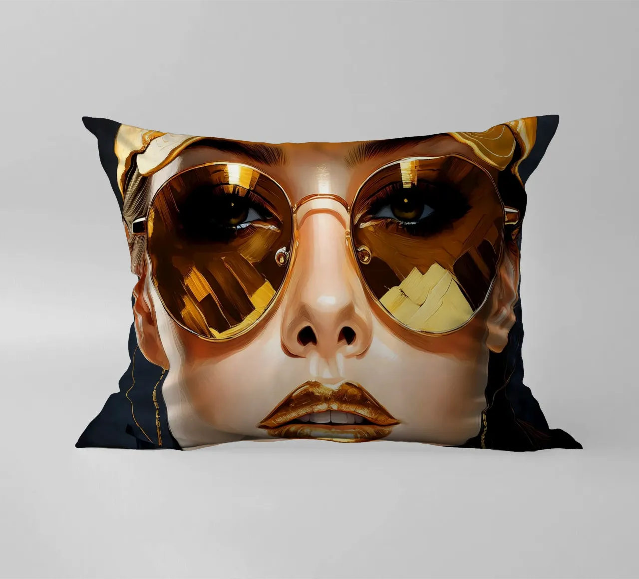 Ritratto di donna moderna Pop Art nei colori nero oro cuscino da Take Your Art BV