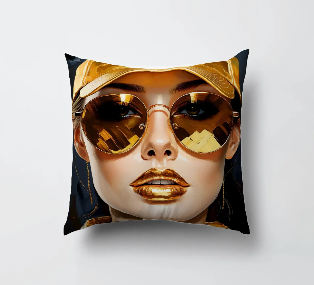 Ritratto di donna moderna Pop Art nei colori nero oro cuscino da Take Your Art BV