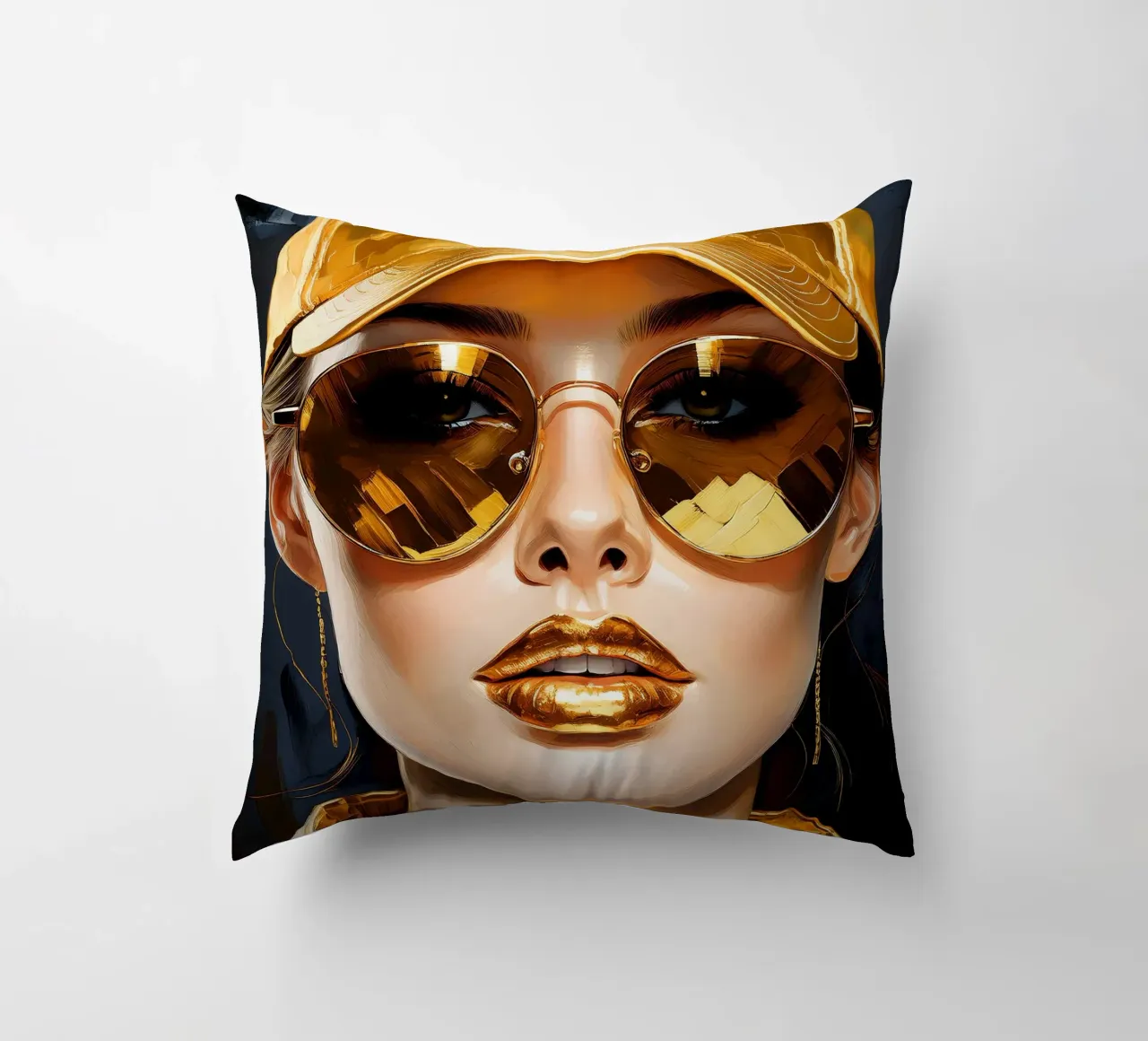 Ritratto di donna moderna Pop Art nei colori nero oro cuscino da Take Your Art BV