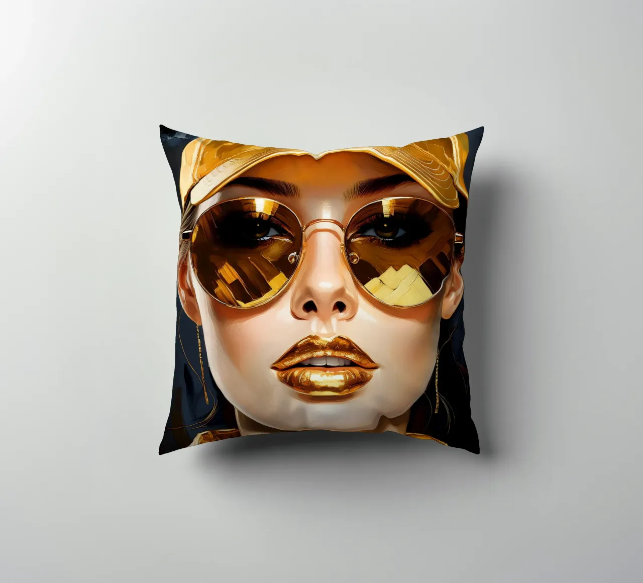 Ritratto di donna moderna Pop Art nei colori nero oro cuscino da Take Your Art BV