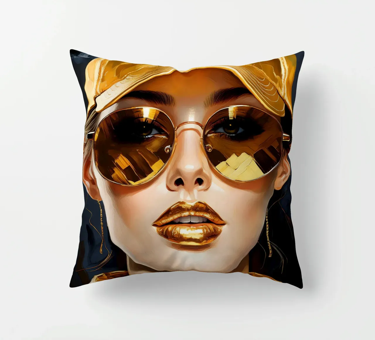 Ritratto di donna moderna Pop Art nei colori nero oro cuscino da Take Your Art BV