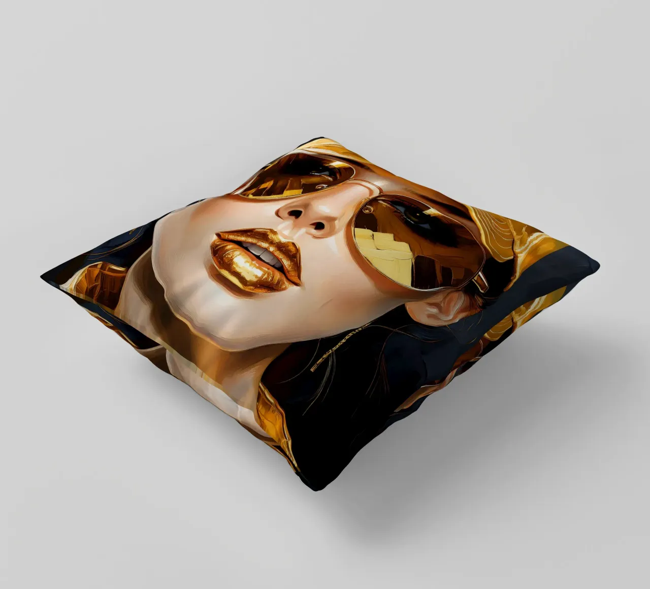 Ritratto di donna moderna Pop Art nei colori nero oro cuscino da Take Your Art BV