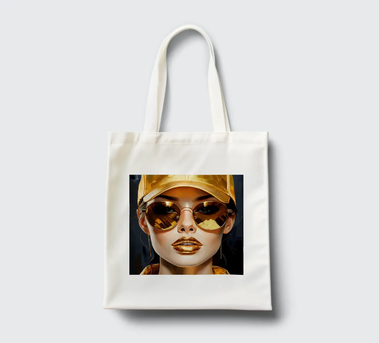 Ritratto di donna moderna Pop Art nei colori nero oro borsa in juta da Take Your Art BV
