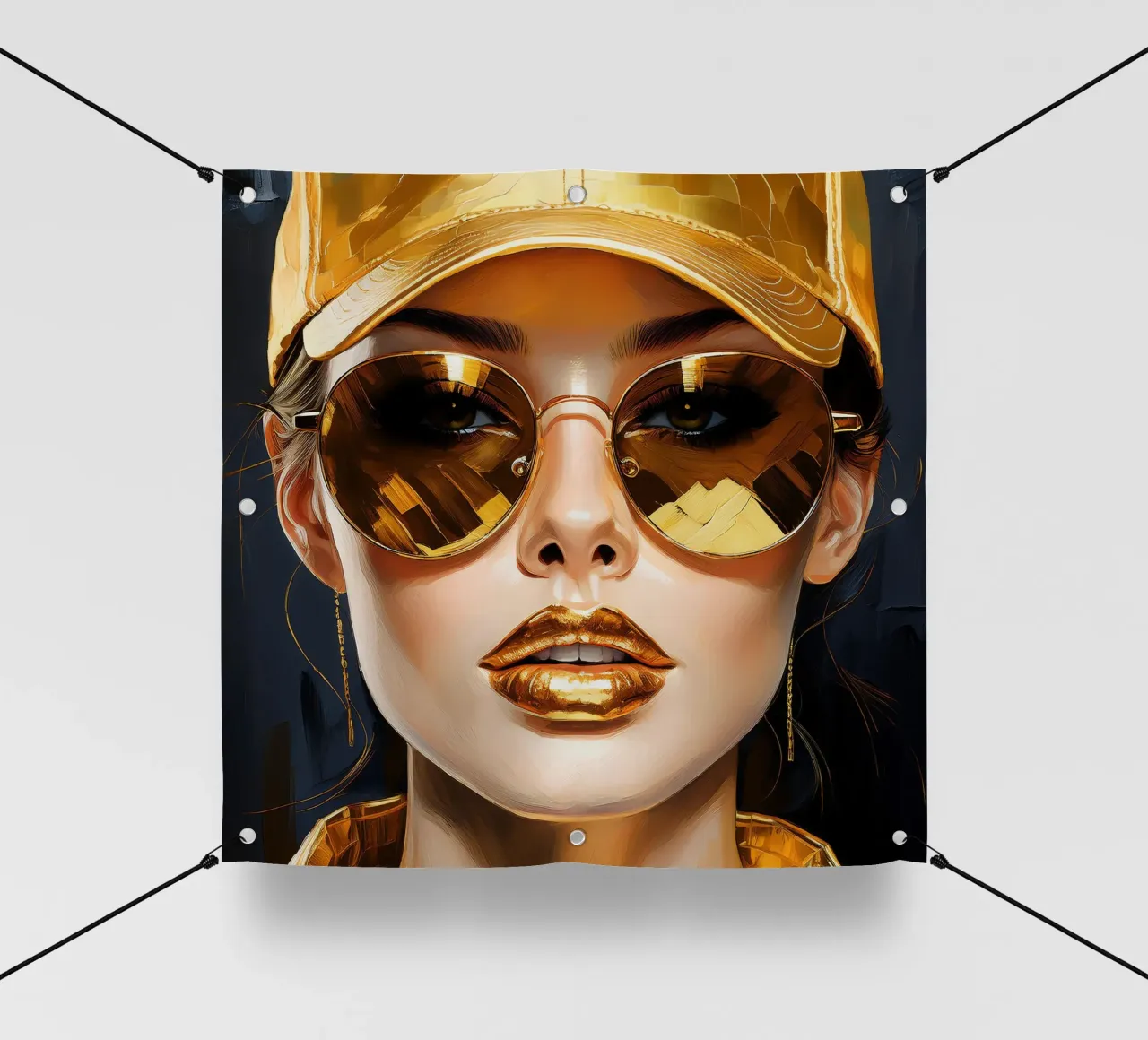 Ritratto di donna moderna Pop Art nei colori nero oro telo in pvc da Take Your Art BV