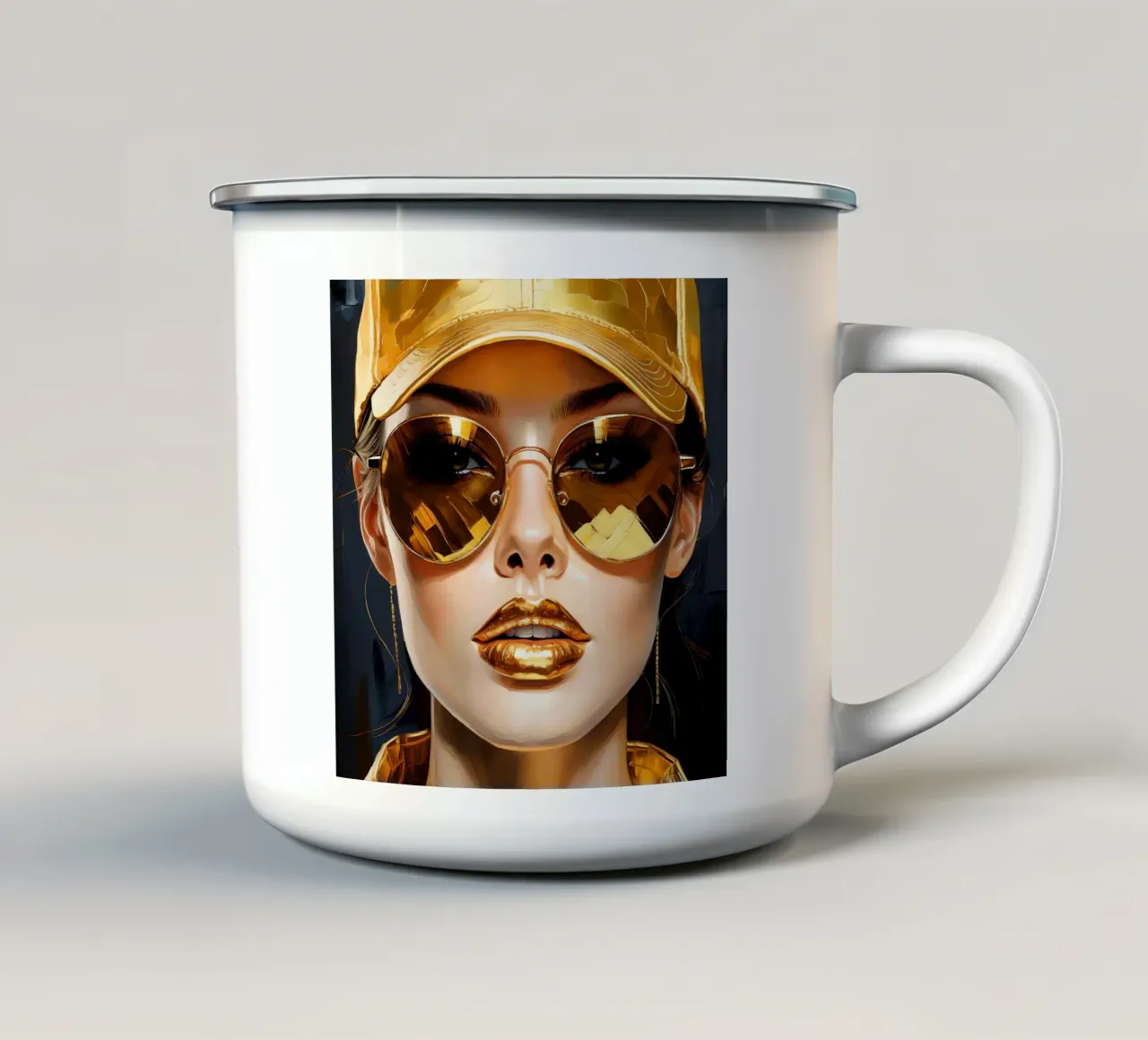 Ritratto di donna moderna Pop Art nei colori nero oro tazza in smalto da Take Your Art BV