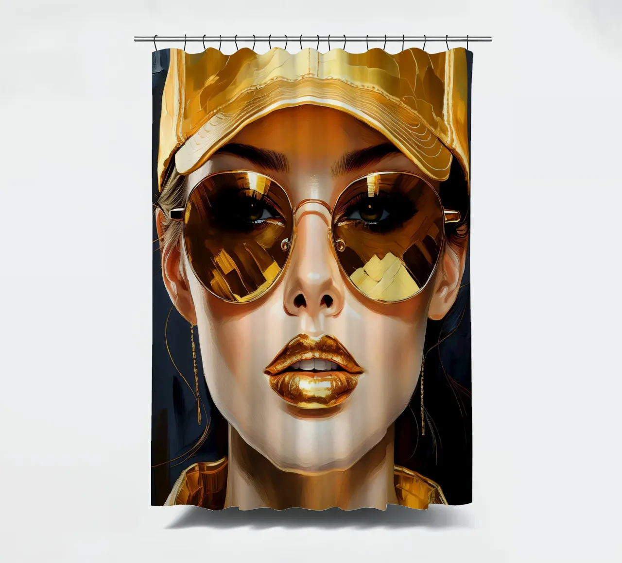 Ritratto di donna moderna Pop Art nei colori nero oro tenda da doccia da Take Your Art BV