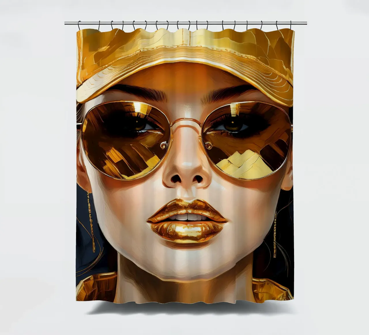 Ritratto di donna moderna Pop Art nei colori nero oro tenda da doccia da Take Your Art BV