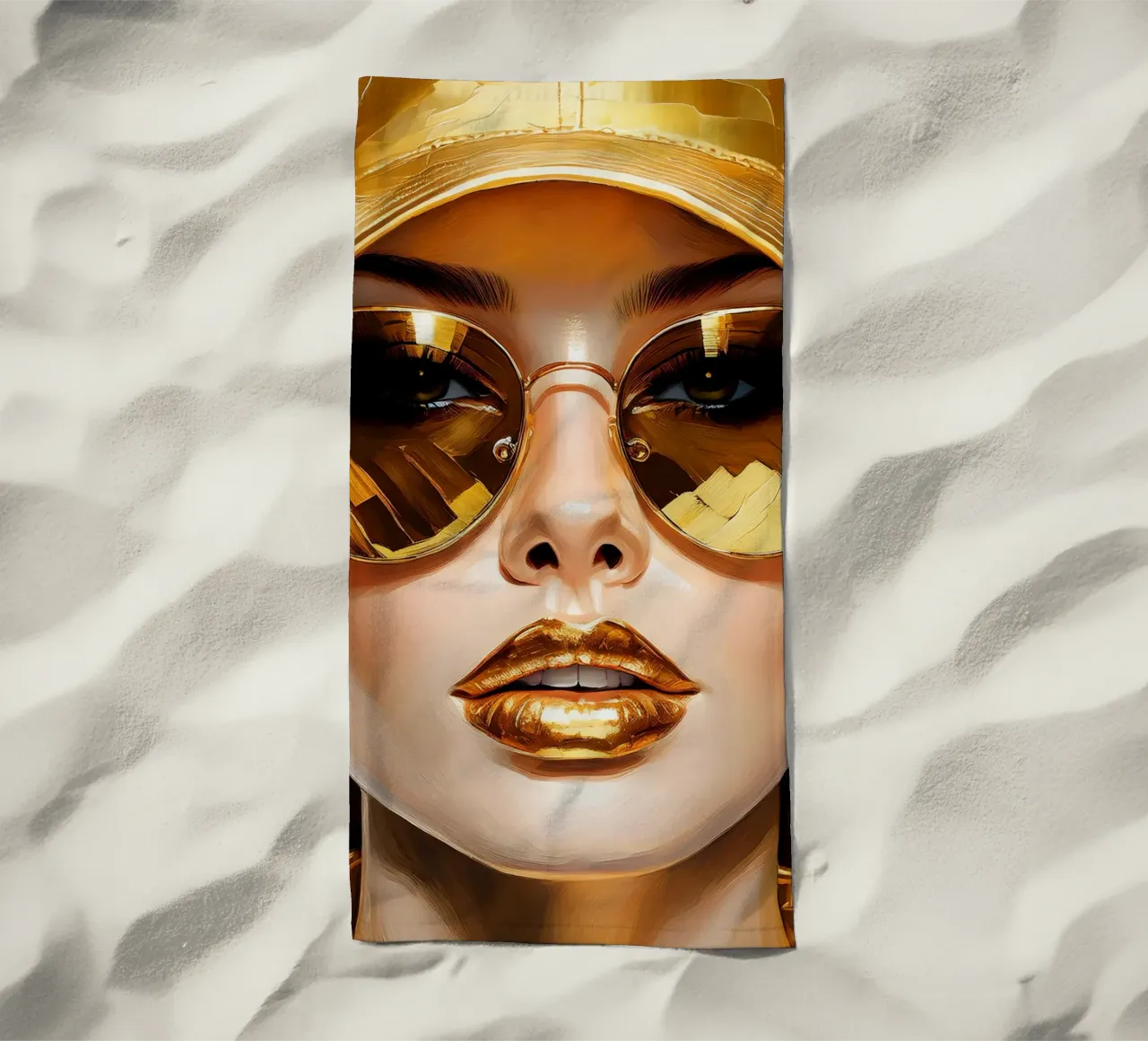 Portrait moderne d'une femme Pop Art en noir et or serviette de plage de Take Your Art BV